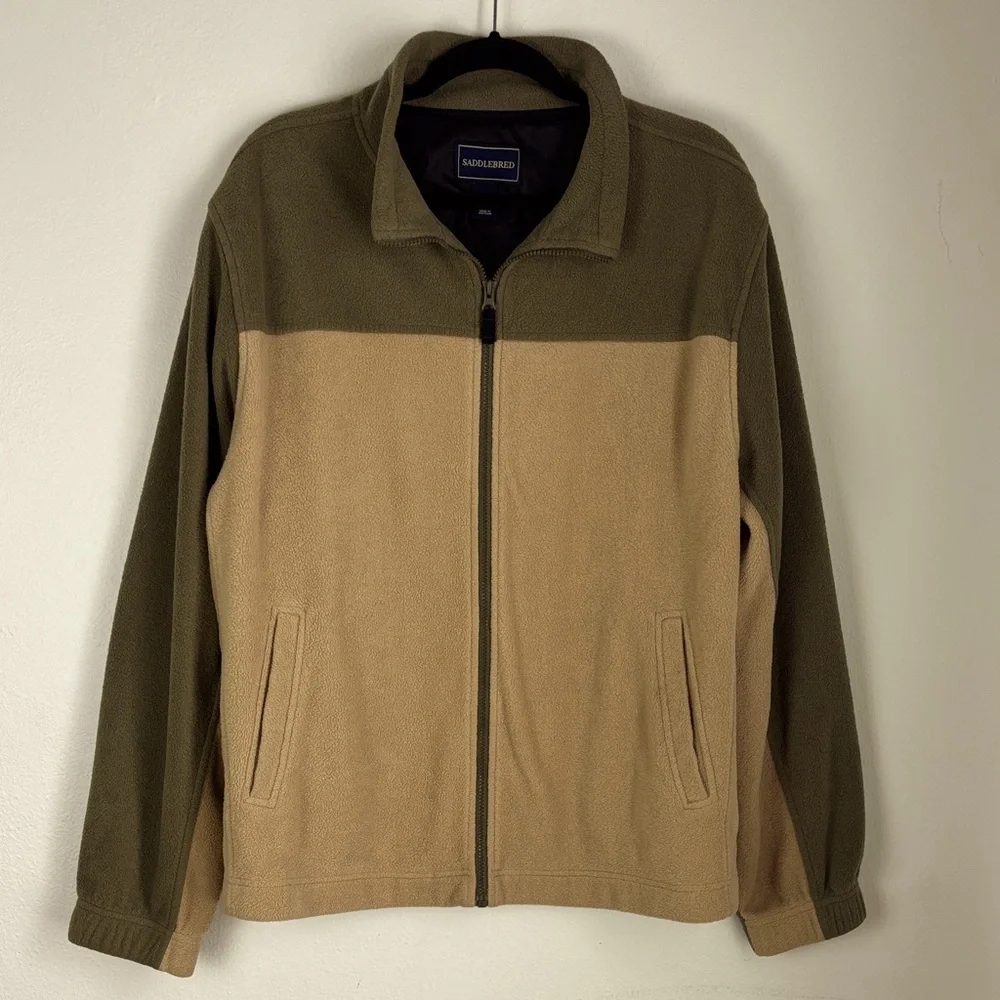 Saddlebred Men's XL Green Tan Colorblock Fleece Sweater Jacket Zippered Outdoors